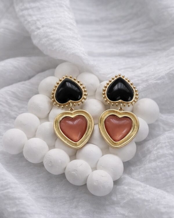 GOLD DETAY İKİLİ KALP TAŞLI KÜPE