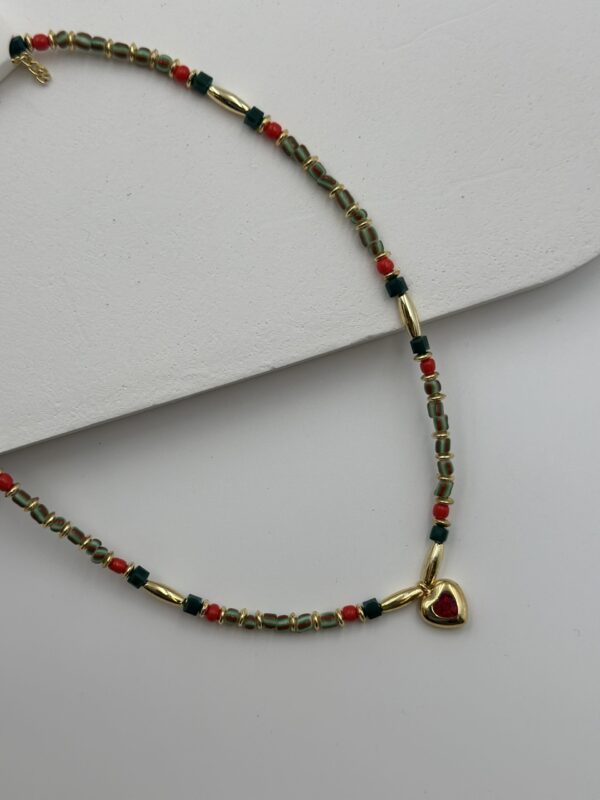 YEŞİL-MERCAN KALP CHARM BONCUK KOLYE